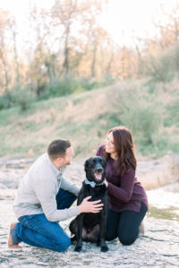 Iowa City engagement pictures with dog in bow tie.